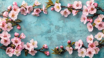 Pink Cherry Blossoms Frame on Teal Background