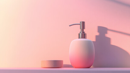 Obraz premium A ceramic soap dispenser with a matte finish, featuring a stainless steel pump, set against a pastel-toned solid background