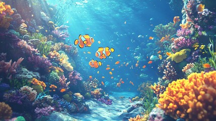 Obraz premium A vibrant underwater scene showing coral reefs and various fish