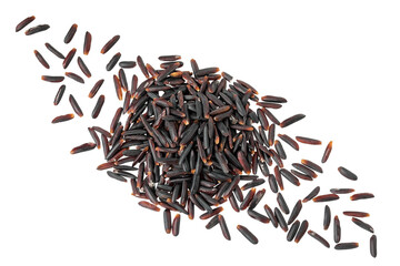 Black wild rice isolated on white background close up. Top view. Flat lay