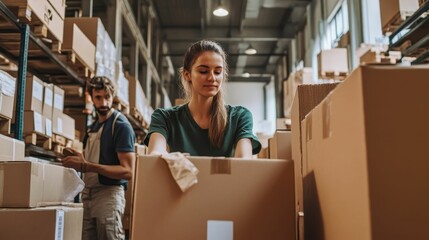 Workers packing boxes in a large warehouse.