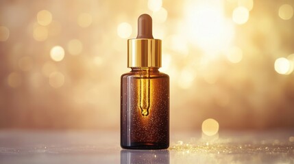 Fototapeta premium Serum in amber glass bottle, gold cap. Bokeh background