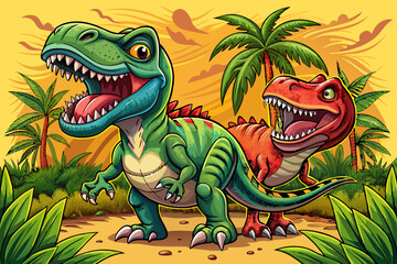 Obraz premium two tyrannosaurus in tropical jungle abstract cartoon