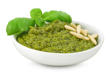 Pesto sauce in ceramic bowl isolated on white background