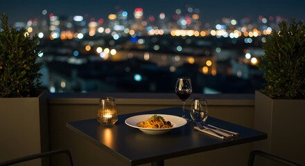 Romantic rooftop dinner night cityscape view pasta wine candles food dark fork cozy meal warm date
