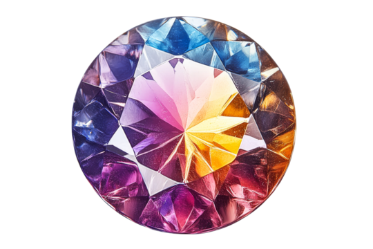 Faceted gemstone with rainbow colors, intricate, polygonal facets, cut out transparent - Powered by Adobe