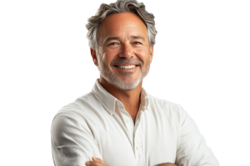 Attractive smiling middle-aged man in white shirt portrait, cut out transparent