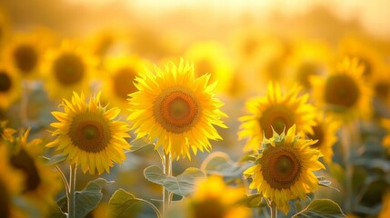 Obraz premium Sunflowers glow warmly in a golden field