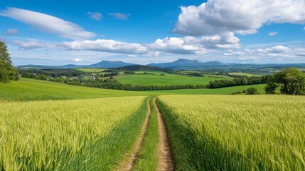 Scenic landscape featuring a winding dirt path through lush green fields under a blue sky