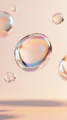 A macro shot of a floating soap bubble with multicolor reflections on a neutral pastel backdrop.

