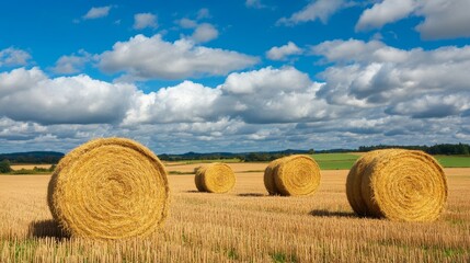 Golden hay bales scattered across a vast field under a bright blue sky with clouds