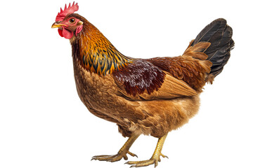 Fototapeta premium Brown feathered hen with red crest standing, farm animal, cut out transparent