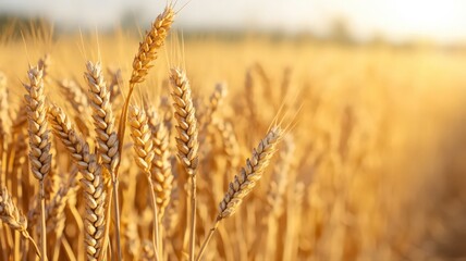 Fototapeta premium Golden Wheat Field at Sunset: Ripe Stalks in Warm Light