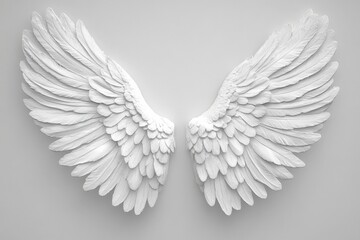 Two large white sculpted wings against a plain white background