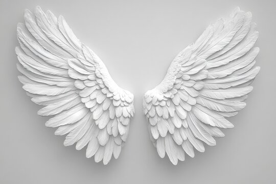Two large white sculpted wings against a plain white background