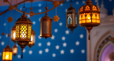 Obraz premium ied adha atmosphere greeting card blue and white background with moon and stars 