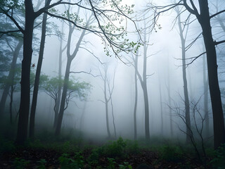 Obraz premium Serene and peaceful, a nature-inspired background with a misty forest