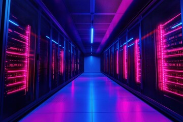 Fototapeta premium Neon-lit server room with glowing technology racks