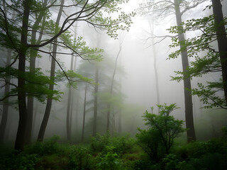 Naklejka premium Serene and peaceful, a nature-inspired background with a misty forest