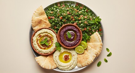 Delicious mediterranean platter with hummus baba ghanoush tabbouleh and pita bread dip oil food meal