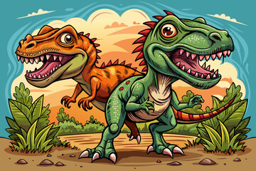Obraz premium two tyrannosaurus in tropical jungle abstract cartoon