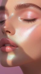 Fototapeta premium Close-up of a woman's face with glowing, dewy skin reflecting iridescent pastel highlights.