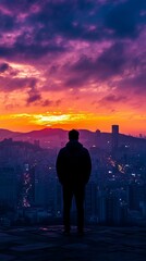 Fototapeta premium Silhouette watches vibrant city sunset from above.