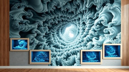 Fraktale Tiefenillusion – Künstlerische Wandgestaltung mit abstrakten MusternFraktale Kunst, abstrakte Kunst, Wandkunst, surreale Tiefe, visuelle Illusion, 3D-Rendering, moderne Kunst, kreative Wandge © CC