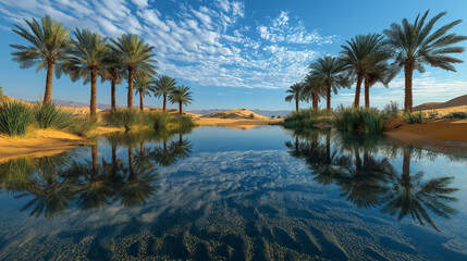 Desert oasis with palm trees and reflective water  
