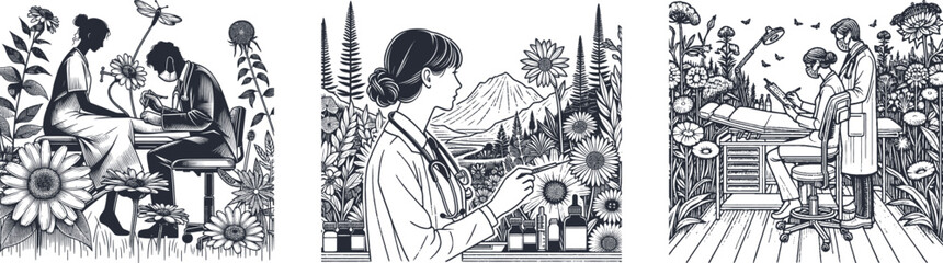 set of a  doctor surgery in a wildflower nature vector illustration, engraving sketch ink poster black illustration etching style tattoo