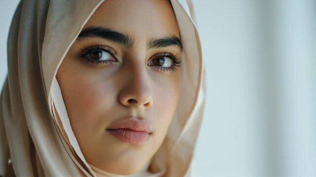 young muslim North African woman eyes, she is posing inside her villa in the Arabic style	
