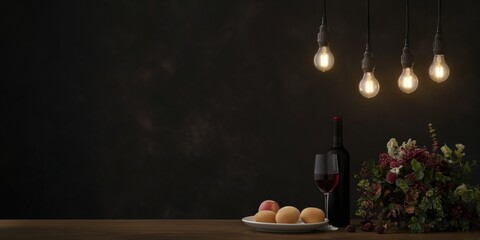 A beautifully set dining table featuring a bottle of wine, a glass, and fresh flowers, evoking feelings of elegance and conviviality in a warm atmosphere.