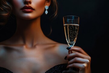 Elegant woman holding a sparkling champagne glass in an evening setting.