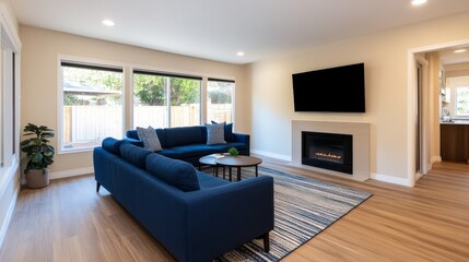 Fototapeta premium Modern living room with blue sofa, fireplace, and large windows overlooking a sunny backyard
