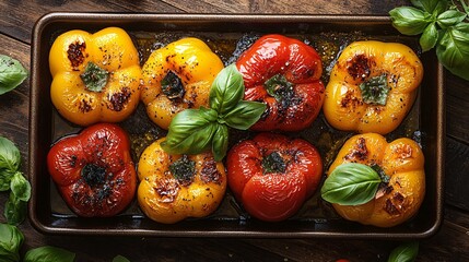 Close up of roasted yellow and red bell peppers on a baking sheet garnished with fresh basil leaves. Healthy eating concept.
