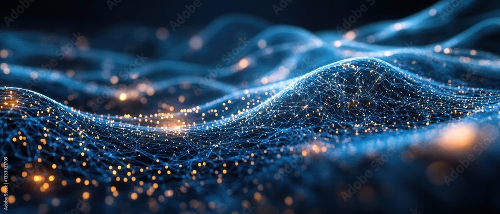 Poster abstract representation of interconnected waves of light and data, creating a sense of depth and mov