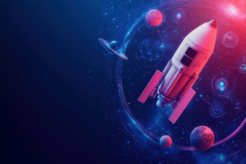 Futuristic Rocket Launching into Deep Space with Colorful Planets and Cosmic Elements