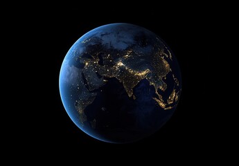 Stunning view of Earth from space at night, highlighting city lights across continents.