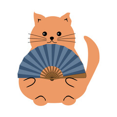 Cute nice lovely funny fat  cat with a fan on white background isolated vector illustration cartoon character 