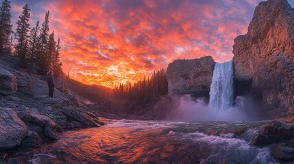 Fototapeta premium Majestic waterfall cascading amidst colorful sunset yellowstone national park nature photography scenic landscape