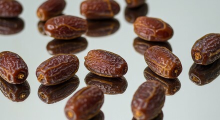 Obraz premium Close up of Sweet Medjool Dates on Reflective Surface Healthy Snack Food