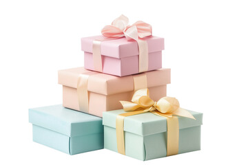 A composition of multiple gift boxes with beautiful ribbons in pastel colors. Great for holiday-themed designs. PNG with a transparent background