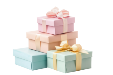 A composition of multiple gift boxes with beautiful ribbons in pastel colors. Great for holiday-themed designs. PNG with a transparent background
