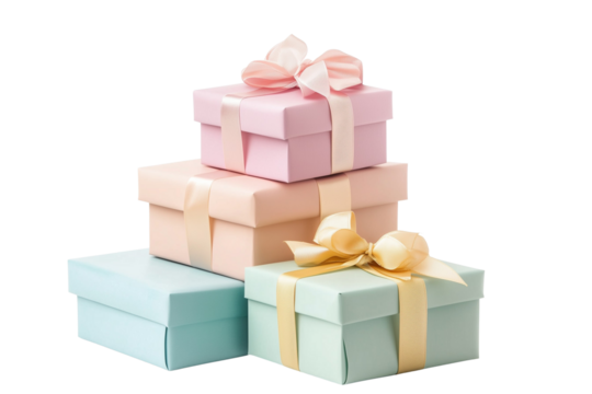 A composition of multiple gift boxes with beautiful ribbons in pastel colors. Great for holiday-themed designs. PNG with a transparent background