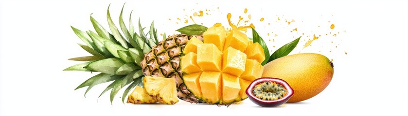 Vibrant Tropical Fruit Splash with Pineapple, Mango, Passionfruit, and Juicy Colorful Elements