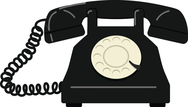 Classic black rotary telephone with coiled cord in a minimal design style, featuring a cream dial and nostalgic charm, vector illustration