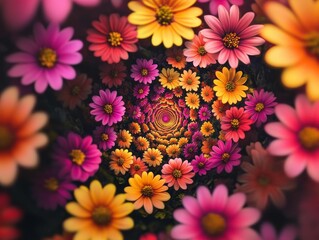 Fototapeta premium Vibrant colorful daisy flowers radiating from center.