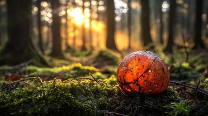 An orange sphere, possibly a fungal growth, sits on moss in a forest with sunlight filtering through the trees, creating bokeh effects.