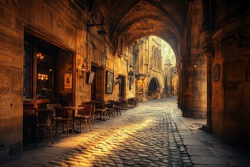 Fototapeta premium Golden Hour Parisian Alleyway Cafe.
