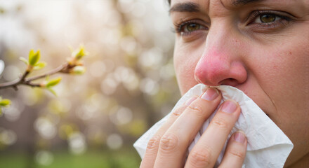 Person sneezing from spring pollen outdoors, allergy awareness